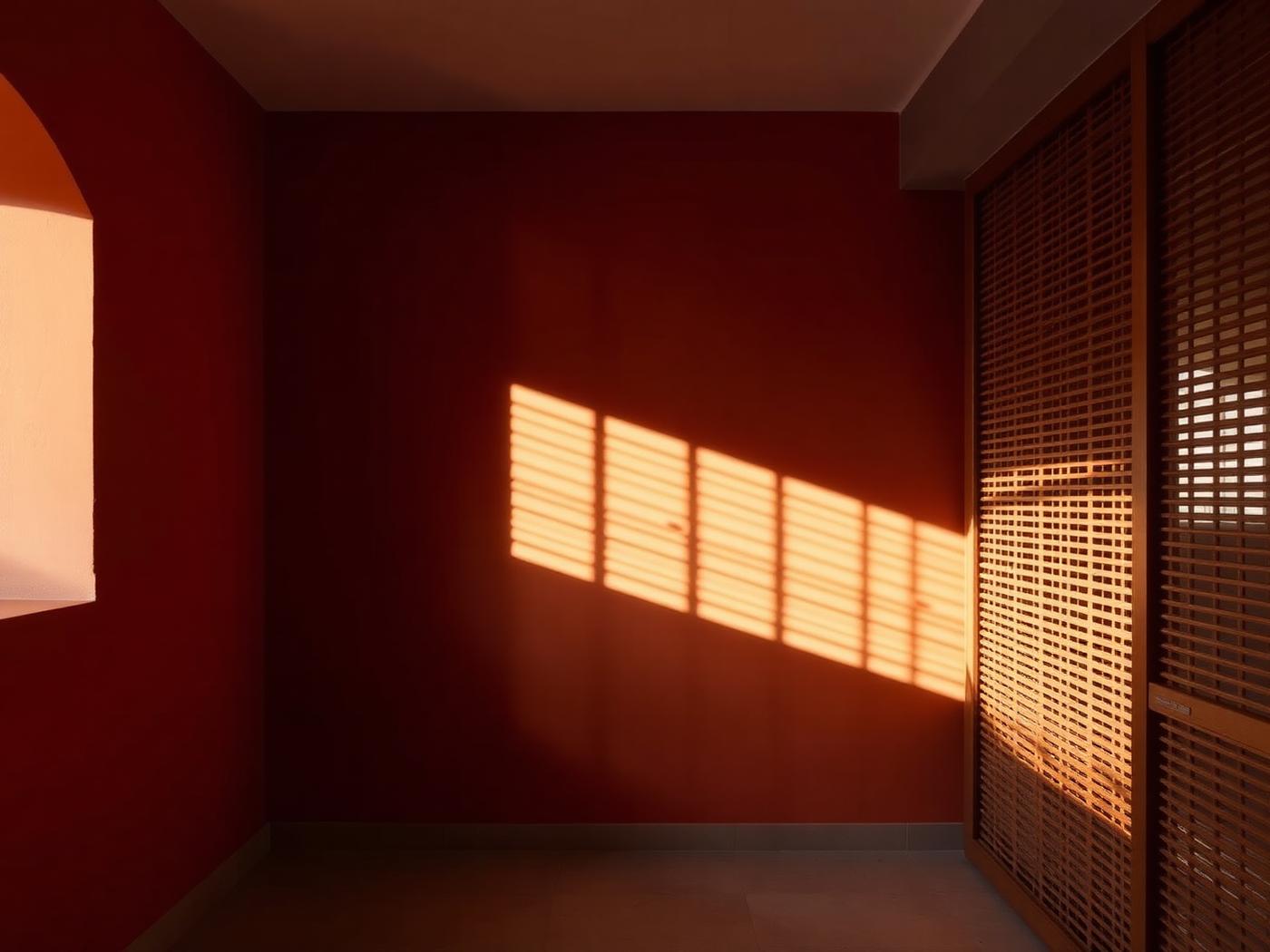 Warm terracotta interior wall with timber screen casting linear shadows.