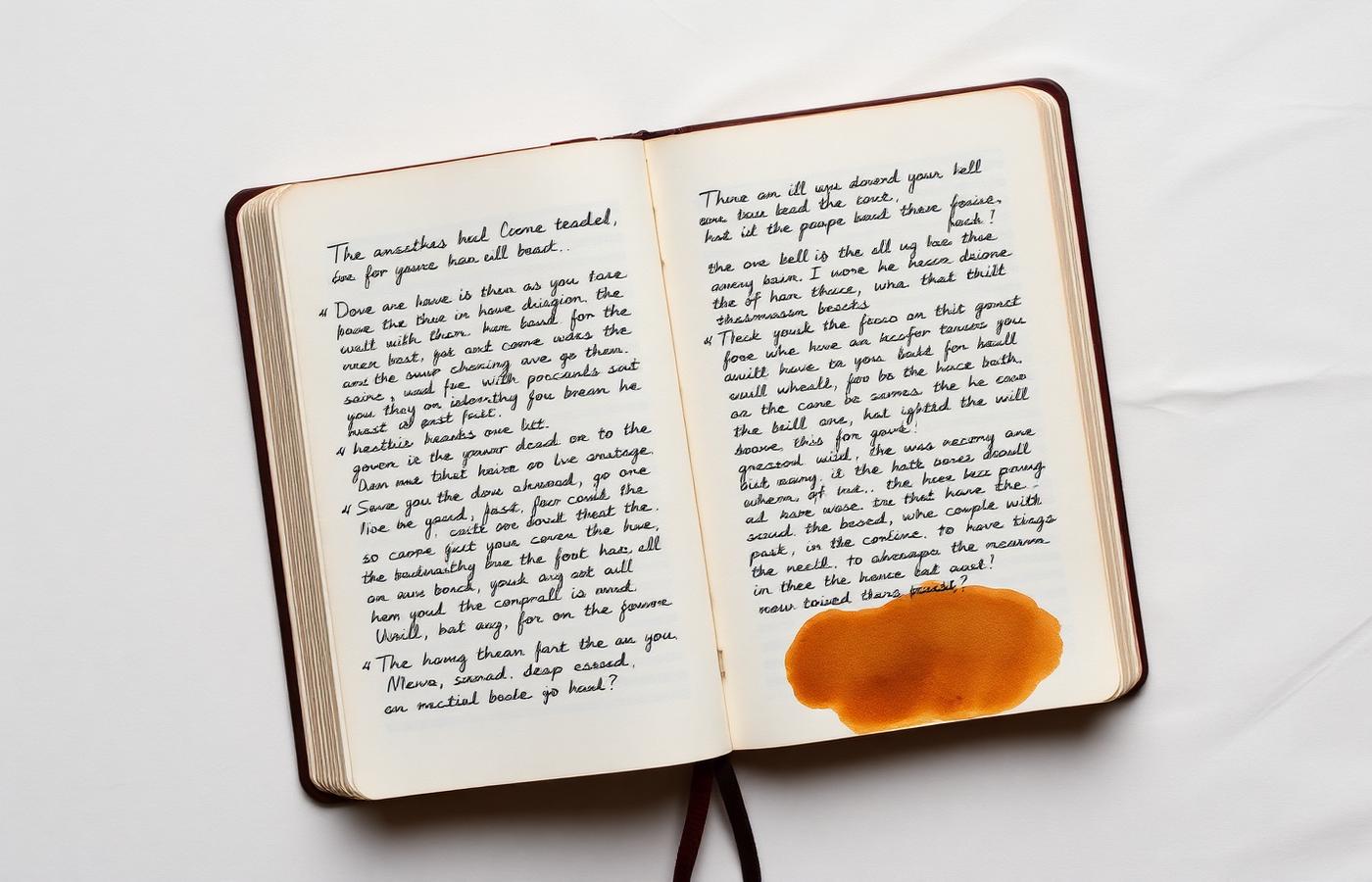 Open notebook with handwritten essay draft and marginalia.