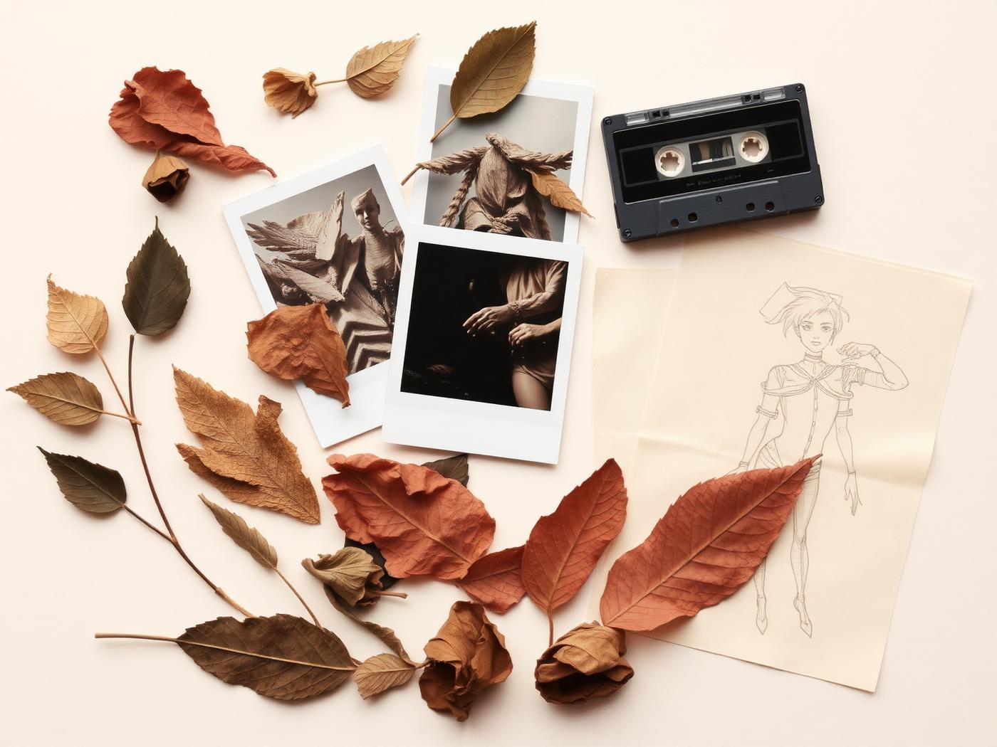 Studio fragments flat lay: leaves, polaroids, audio cassette, sketches.