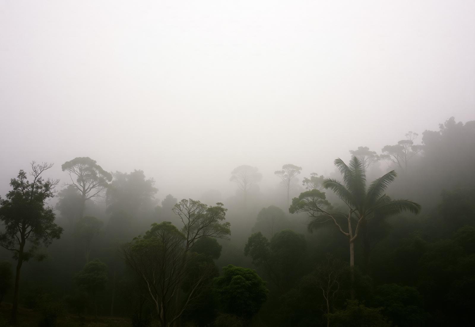 Misty sandalwood forest at dawn in the Western Ghats.