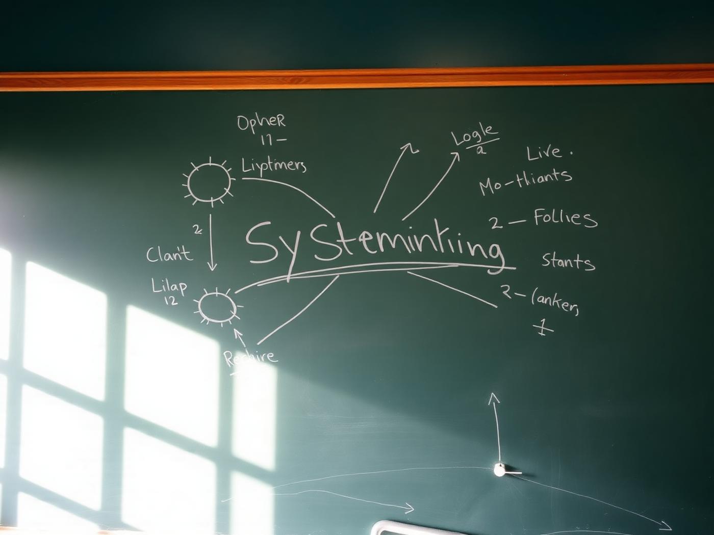 Chalkboard diagram of a systems-thinking studio session.